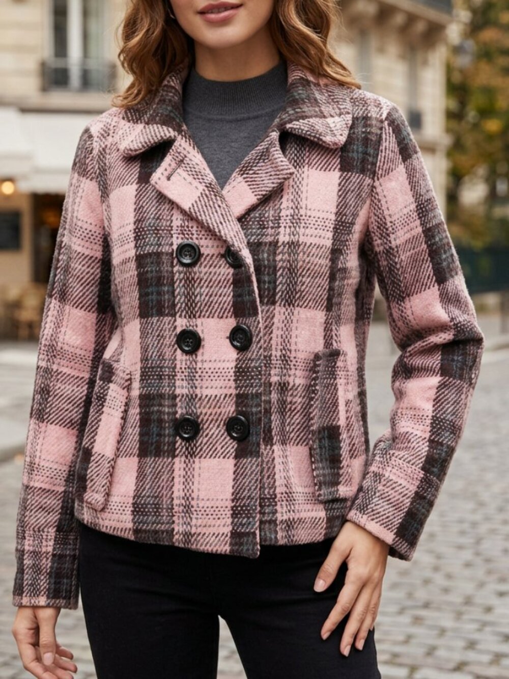 Vintage Kaity Pink/Black Wool-blend Pea Coat